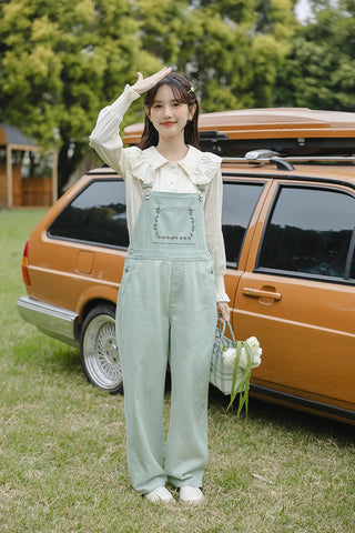 Flower Vines Embroidered Overalls