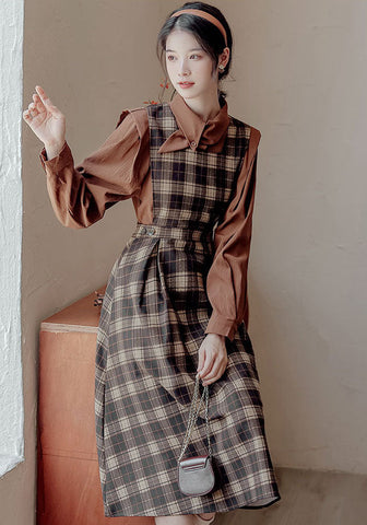 Crepe Plaid Pinafore Dress Set