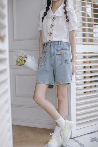 Embroidered Button Pocket Shorts