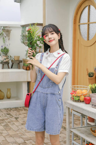 Rosy Days Embroidered Short Overalls
