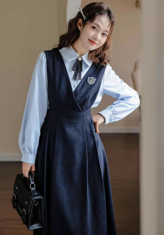 Corduroy Suede Midi Pinafore Dress & Blouse Set
