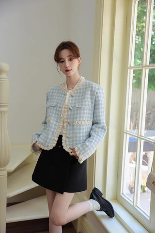 Chaqueta de tweed con ribete de encaje de cuadros vichy