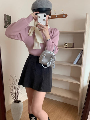 Pullover mit Puffärmeln und Bindekragen
