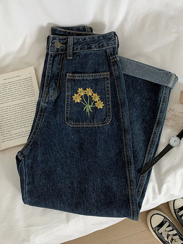 Embroidered Sunflower Pocket Jeans