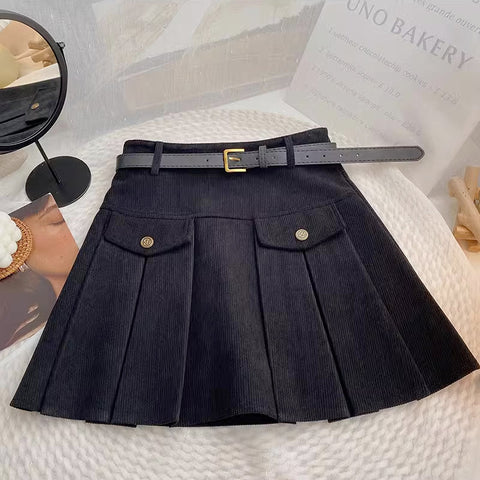 Corduroy Belted Pleat Skirt