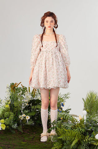 Vestido mini abullonado reversible Rose Tea