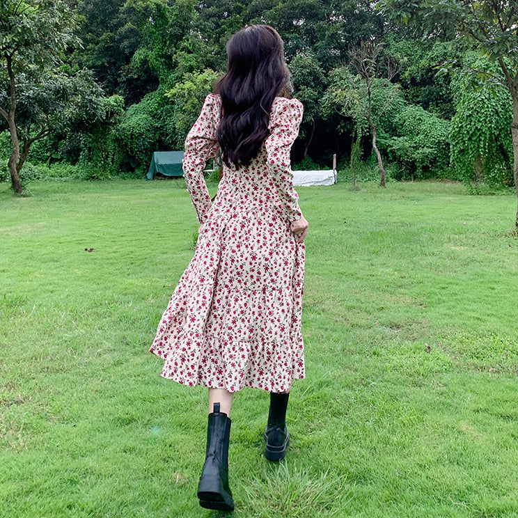 Sweet Floral Corduroy Midi Dress