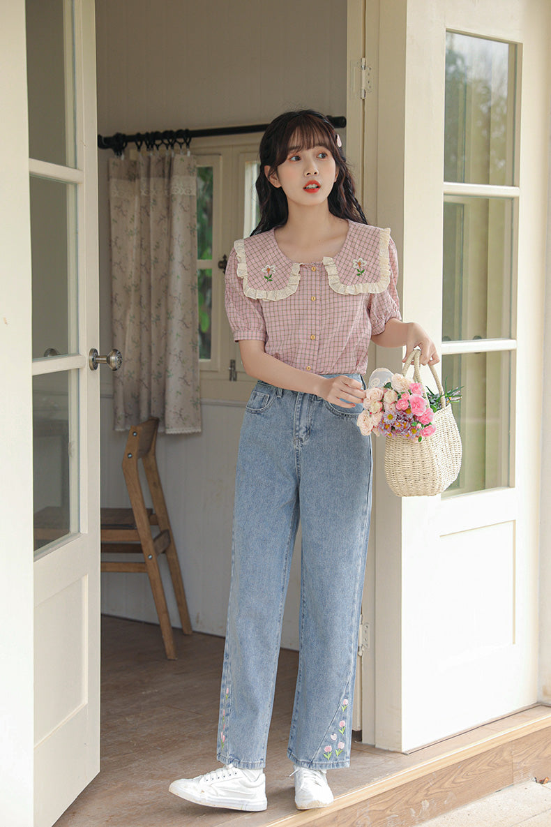 Blusa a cuadros con flores de cabaña