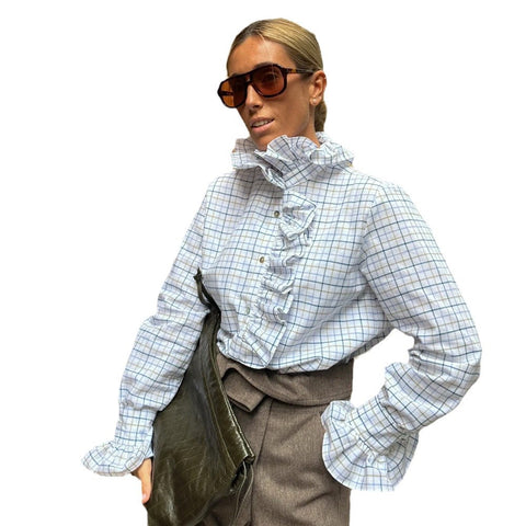 Cotton Plaid Ruffle Lace Long Sleeve Shirt