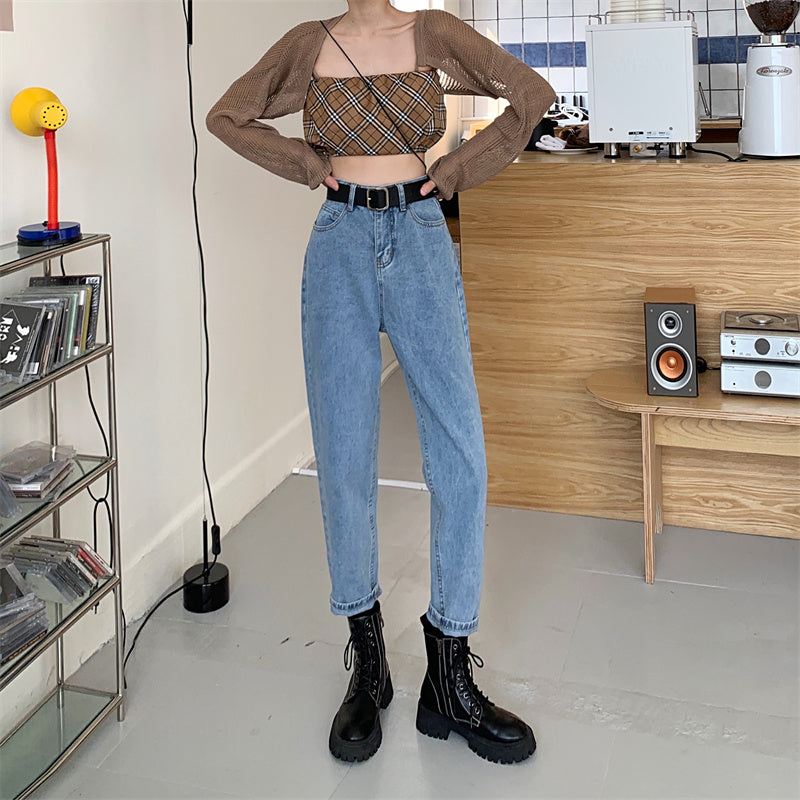 Belted Cropped Mom Jeans