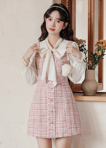 Tie Neck Tweed Mini Shift Dress