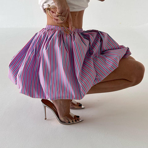 Balloon Skirt Striped Pleated Mini High Waist Skirt