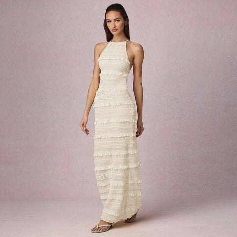 Ruffle Lace Backless Halter Neck Dress