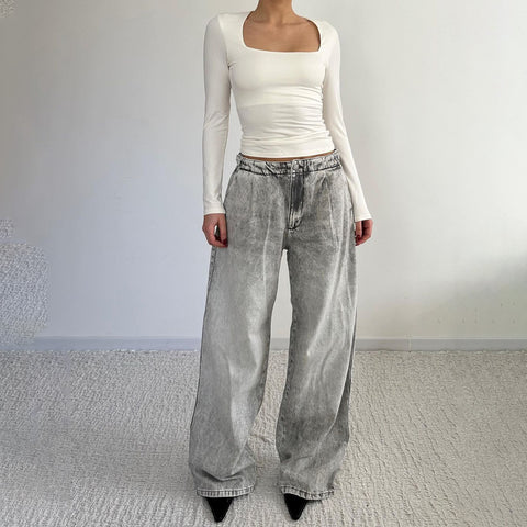 Distressed Vintage Washed Wide-Leg Jeans