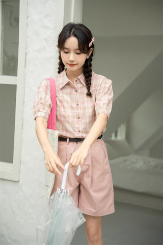 Strawberry Matcha Plaid Blouse