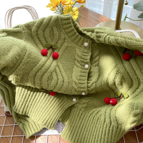 Cherry Pom Pom Cropped Cardigan