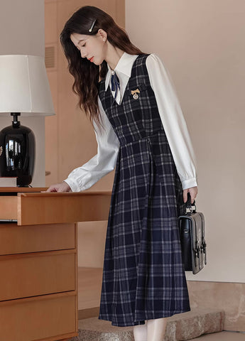 Oxford Plaid Midi Pinafore & Blouse Set