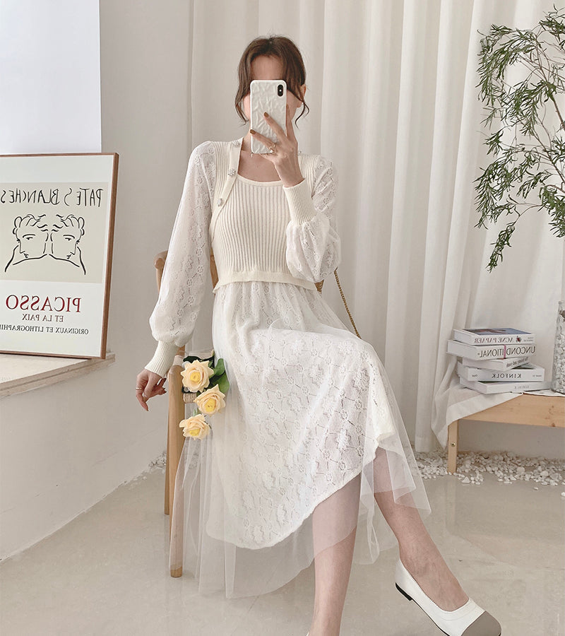 Vestido de suéter de punto con encaje