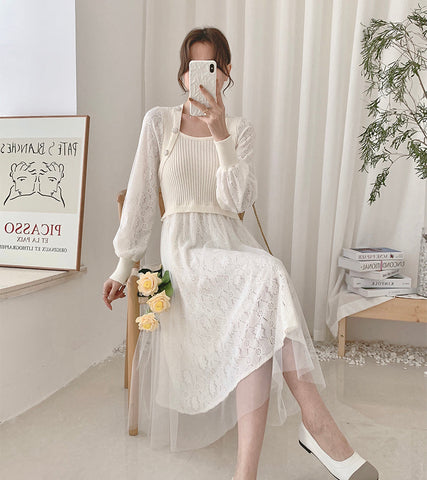 Vestido de suéter de punto con encaje