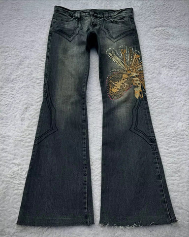 High Waist Vintage Butterfly Embroidered Pattern Jeans Pants