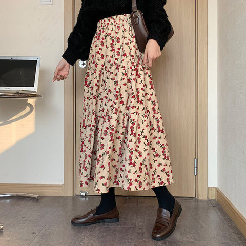 Rose Corduroy Tiered Midi Skirt