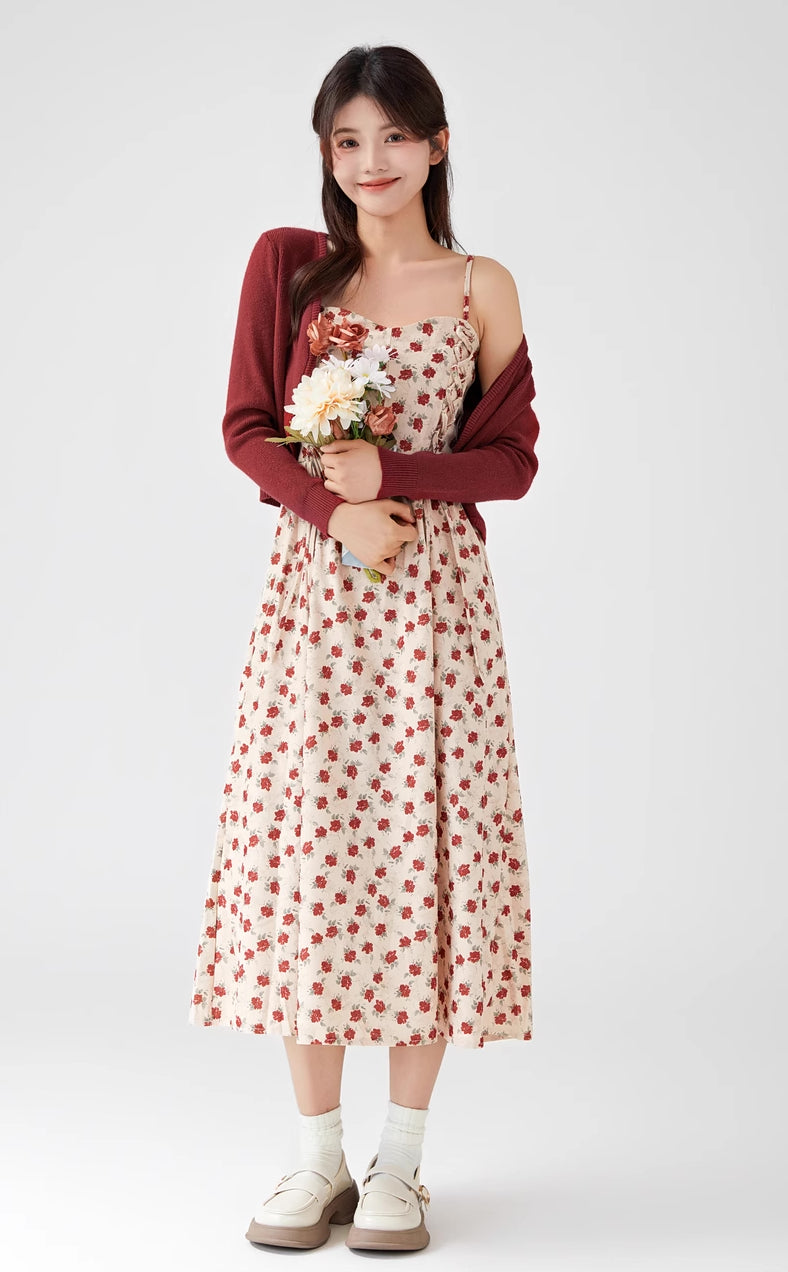 Vestido midi de tirantes con encaje floral