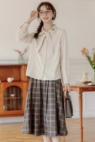 Leafy Corduroy Tie-Neck Blouse