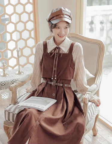 Suede Button Up Cami Pinafore Dress Set