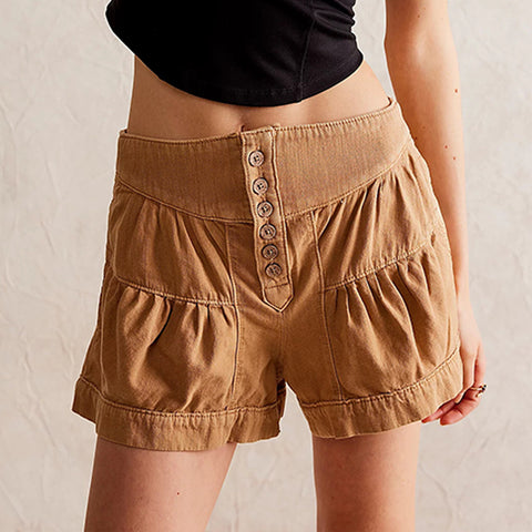 Ruffle Denim Shorts Casual Elastic Pocket Shorts