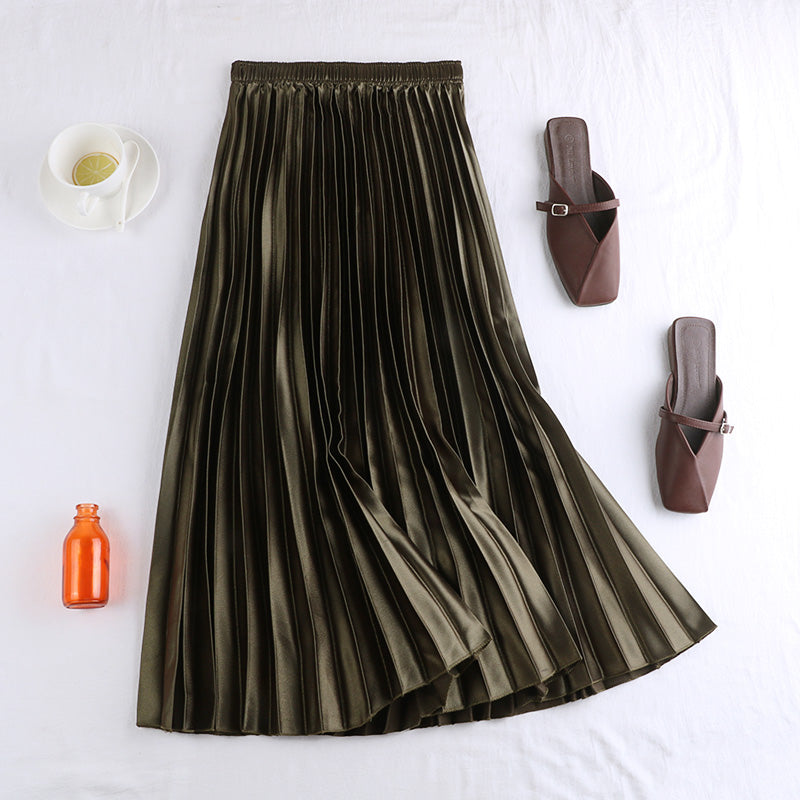 Pleated Satin Midi Skirt