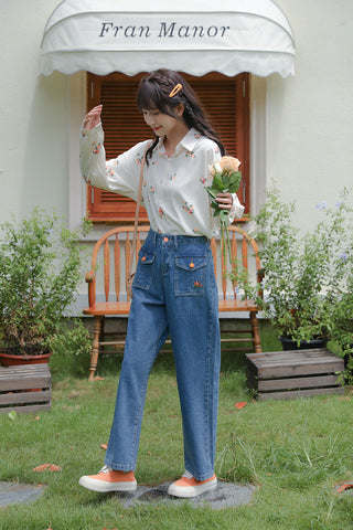 Embroidered Button Pocket Jeans