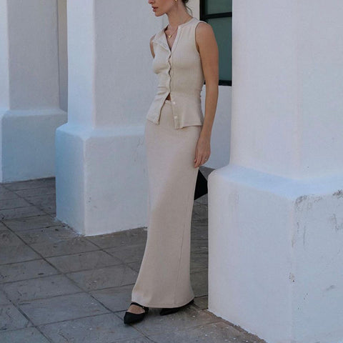 Knitted Solid Color Sleeveless Vest Two Piece Set