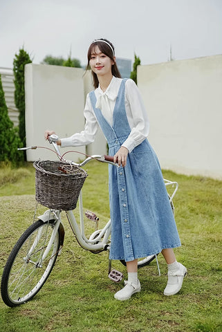 Button Denim Midi Pinafore Dress