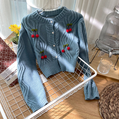 Cherry Pom Pom Cropped Cardigan