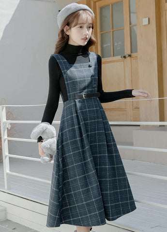 Belted Plaid Pinafore Dress