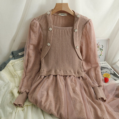 Vestido de suéter de punto con encaje