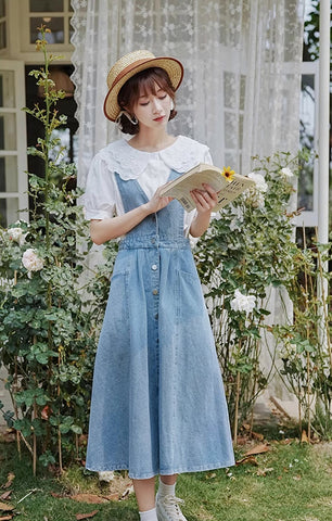 Button Denim Midi Pinafore Dress