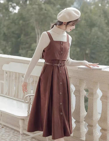 Suede Button Up Cami Pinafore Dress