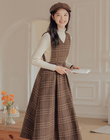 Coffee Plaid Midi Pinafore Dress