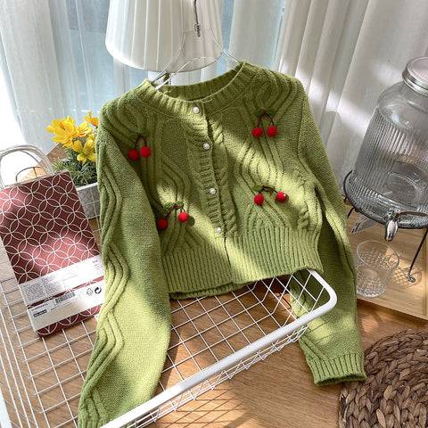 Cherry Pom Pom Cropped Cardigan