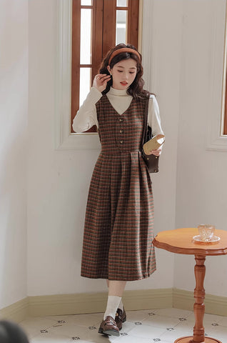 Fallen Leaves Plaid Pinafore Dress Set