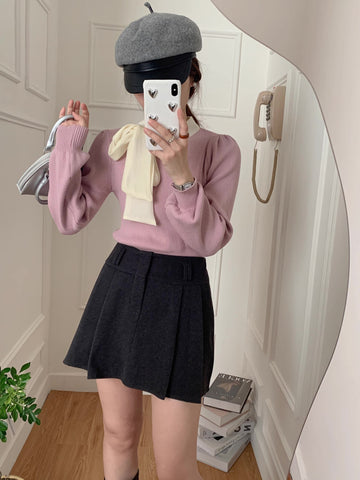 Pullover mit Puffärmeln und Bindekragen