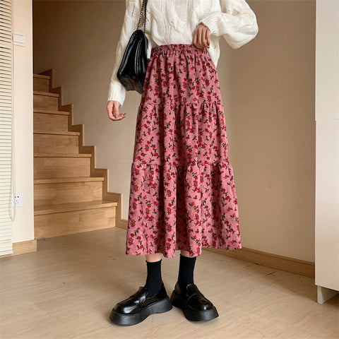Rose Corduroy Tiered Midi Skirt