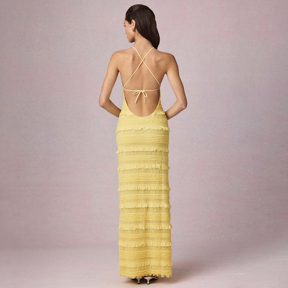 Ruffle Lace Backless Halter Neck Dress