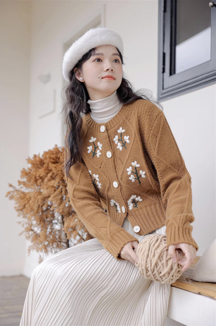 Ditsy Floral Embroidered Round Neck Cardigan