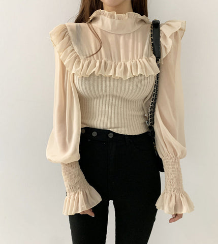 Ruffle High Neck Mixed Shirt
