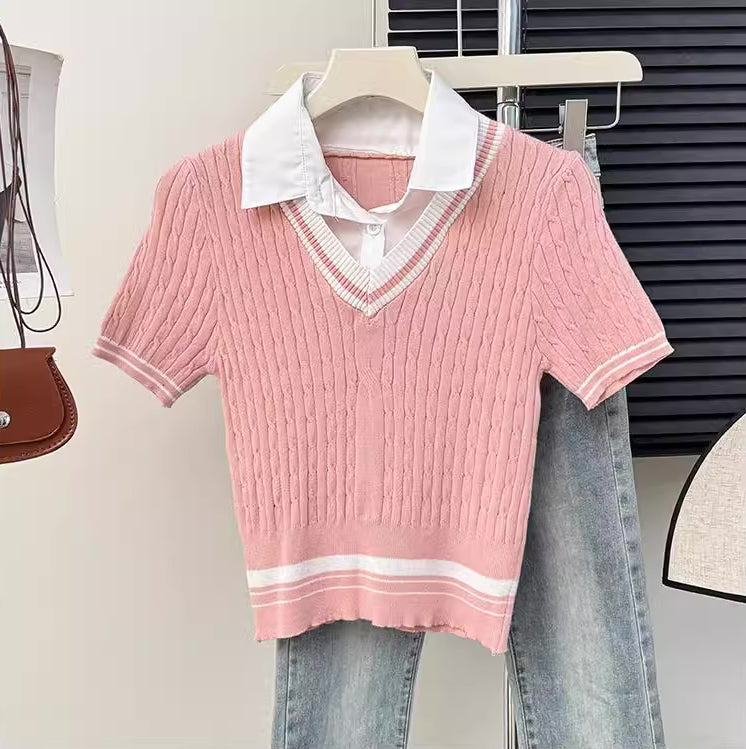 Knitted Polo Cropped Twofer Blouse