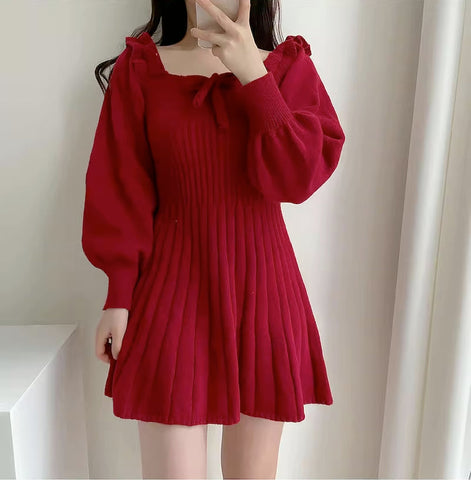 Ribbed Square Neck Mini Sweater Dress