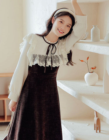 Square Lace High Neck Sweater Dress