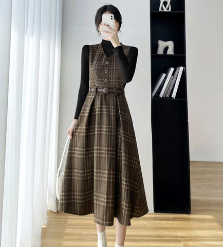 Coffee Plaid Midi Pinafore Dress